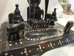 ANTIQUE ORIENTAL EBONY?  DESK TIDY WITH DECORATIVE ELEPHANTS & POCKET WATCH HOLDER. POSSIBLY MADE IN